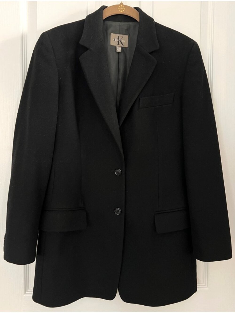 VTG 1990s Calvin Klein Italy Wool Cashmere Longline Blazer Jacket Black Womens 4
